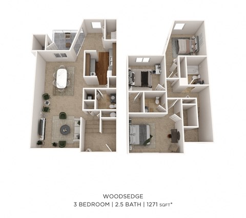 Floor plan for 3 beds, 2.5 baths, 1271 sqft
